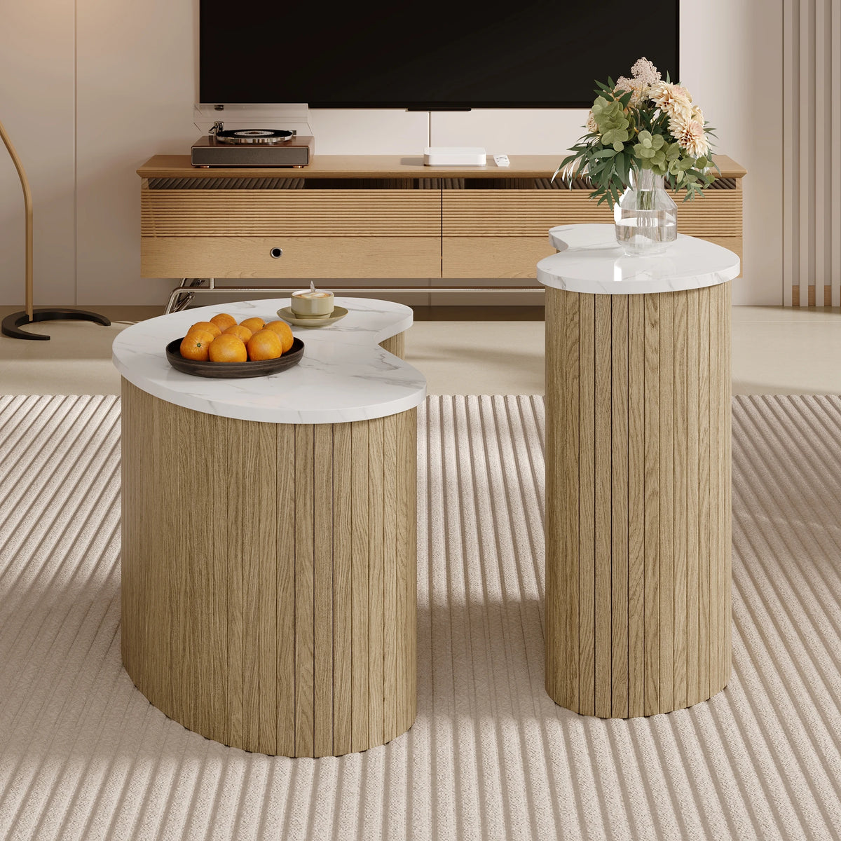 Tables basses gigognes ovales effet bois et marbre, lot de 2