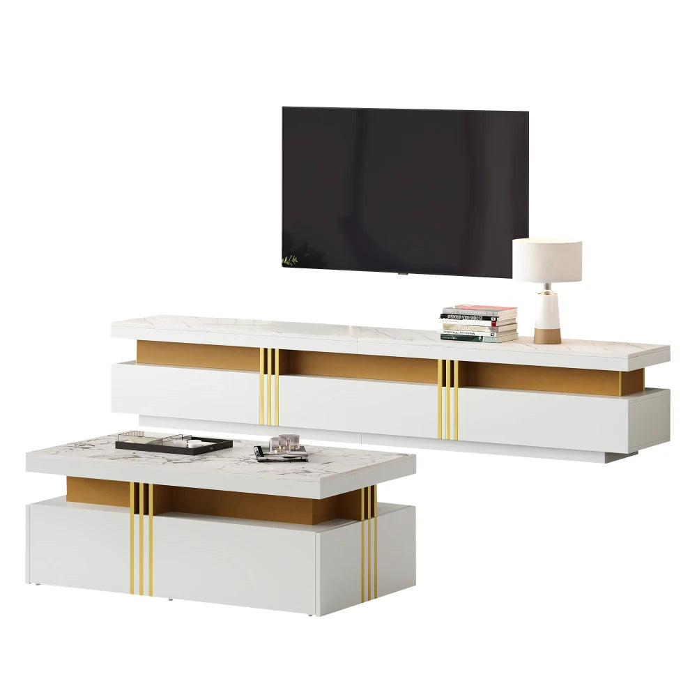 Ensemble meuble TV et table basse effet marbre, blanc laqué et doré – Blanc et doré