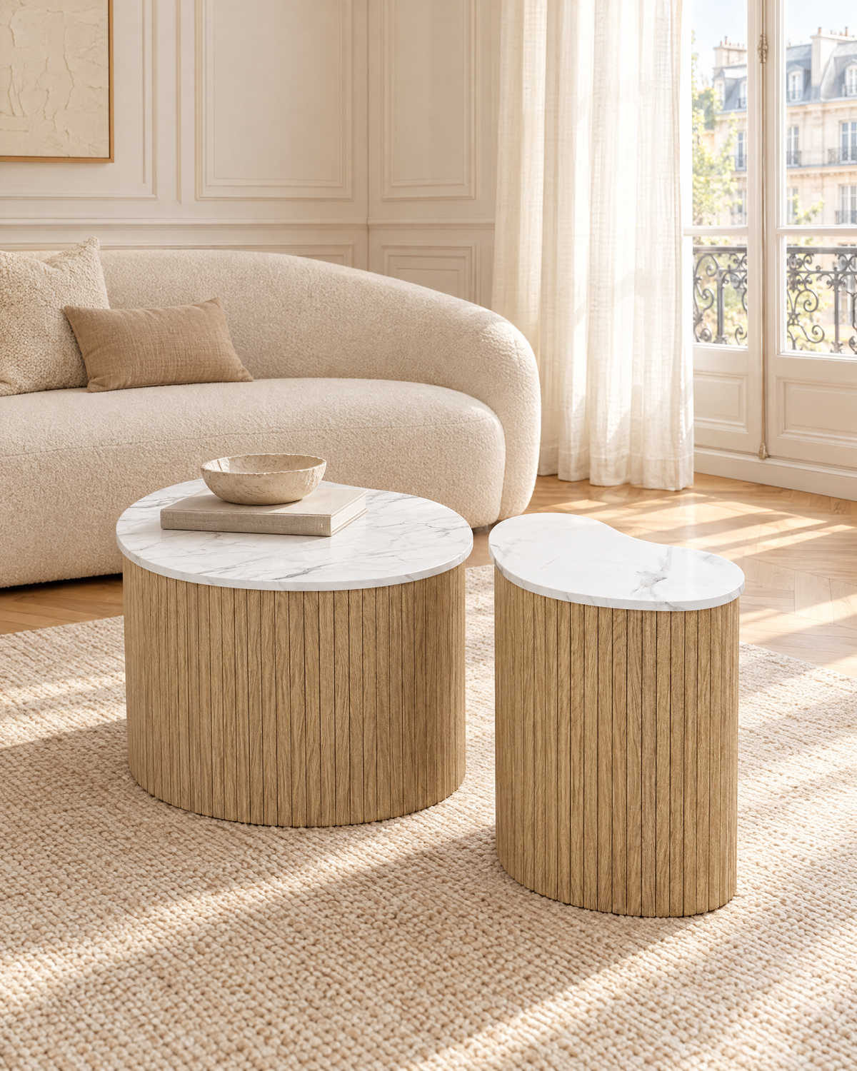 Tables basses gigognes ovales effet bois et marbre, lot de 2 – ambiance
