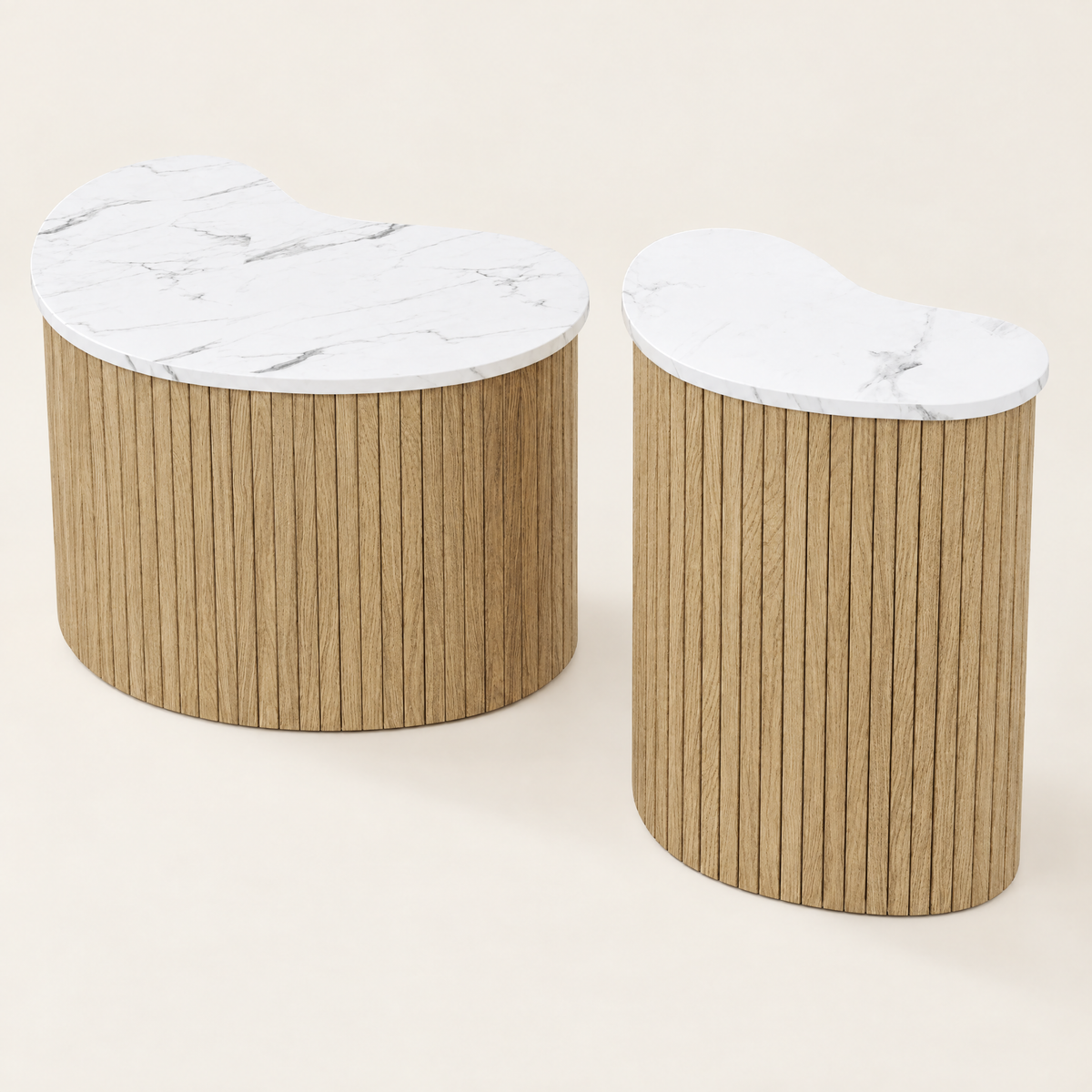 Tables basses gigognes ovales effet bois et marbre, lot de 2